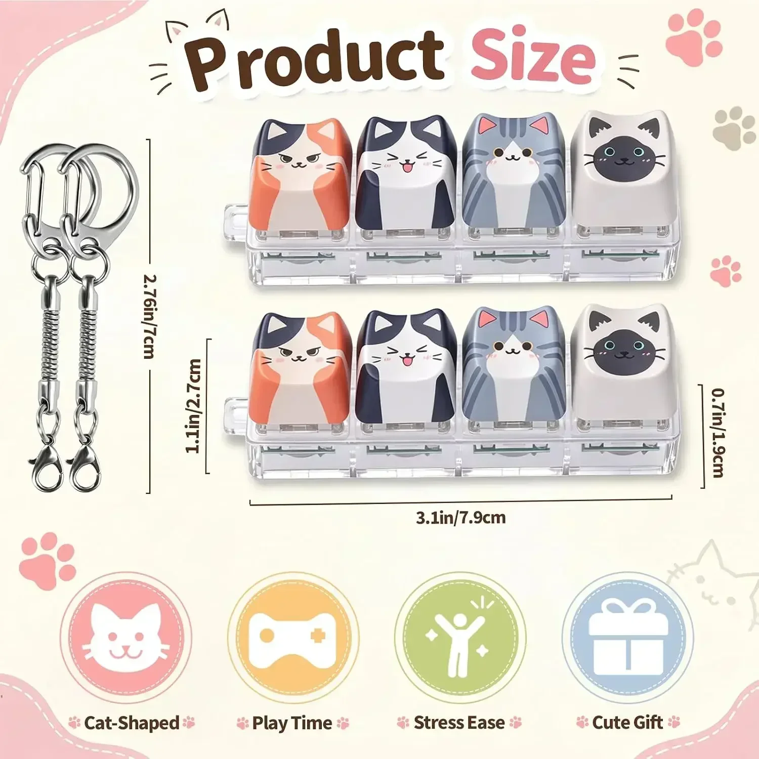 Cute Design 4-Key Cat Keyboard Fidget Toy,Relax Button Keycap,Portable Keychain Bag Charm Pendant Button Anxiety Relief Toy