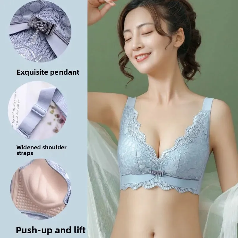 Adjustable Latex Wireless Bra Lace Push up Underwear for Women Gathered Thin Thick Side Breast Reduction U Type Cup Nylon Fabric