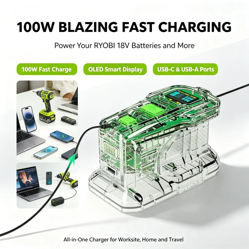 For RYOBI 18V Fast Charger Battery Recharger Lithium Battery 100W Fast Charge USB Port Two-Way Charger Portable Power Sourc