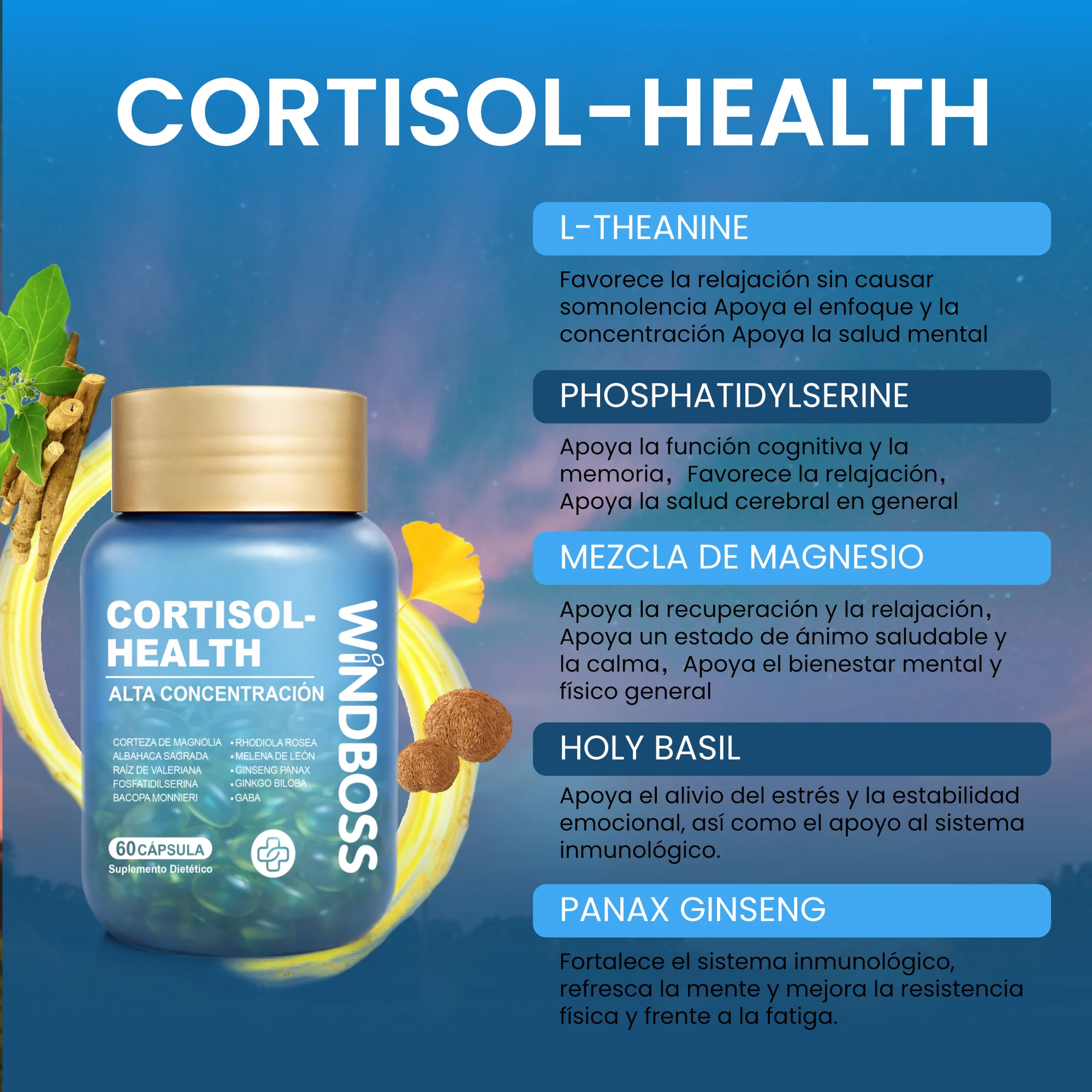 Windboss Cortisol Health + Myo-Inositol Softgel Mejorado – Suplemento 2 en 1 Alta Concentración, Fórmula con Hierbas y Vitaminas para Bienestar Diario y Equilibrio Natural, 120 Cápsulas Blandas - Image 3