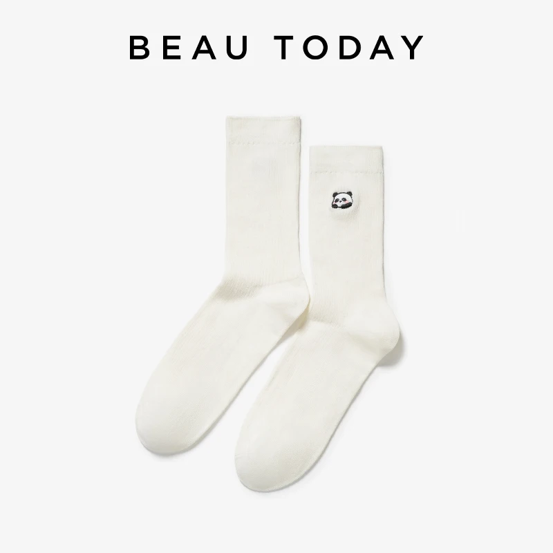 BEAUTODAY Mid-Calf Socks Women Cotton Solid Color Panda Embroidery Breathable Ladies Casual Socks Handmade 97005