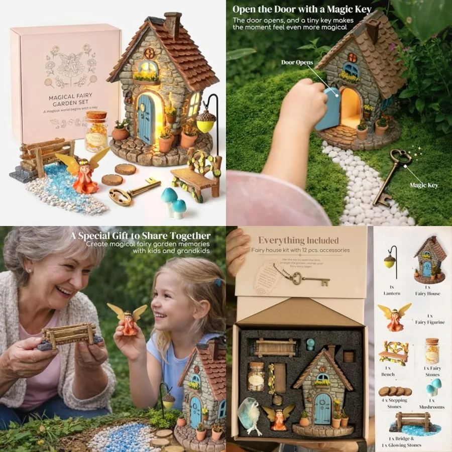 

My Kit 13-Piece House Set 7.1" High House with Open Door and Solar Light, Fairy Bridge, Glowing Stones and Miniature Accessorie