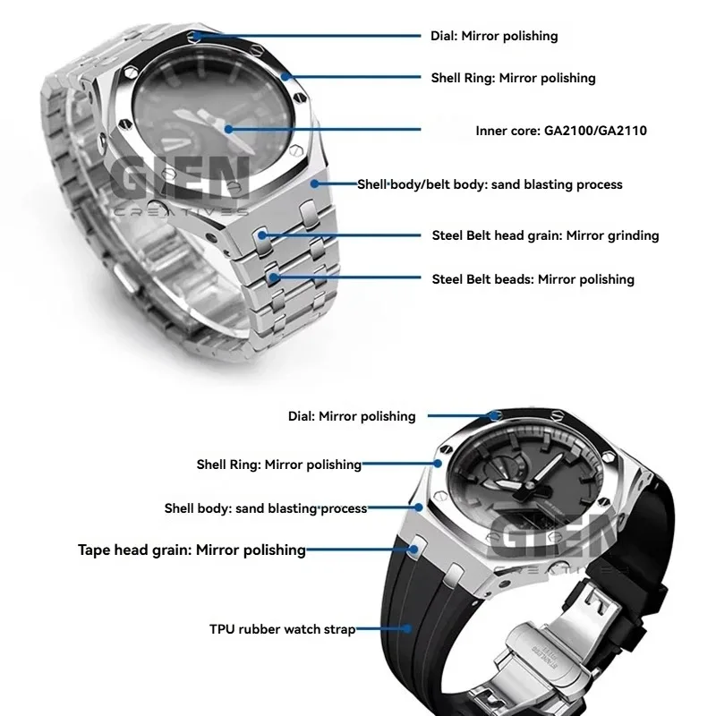 Mod Kit For Casio GA-2100 GAB2100 Sand‑Blasted Mirror Steel  Case & Strap | GA2100 TPU Rubber band metal shell Replacement Parts