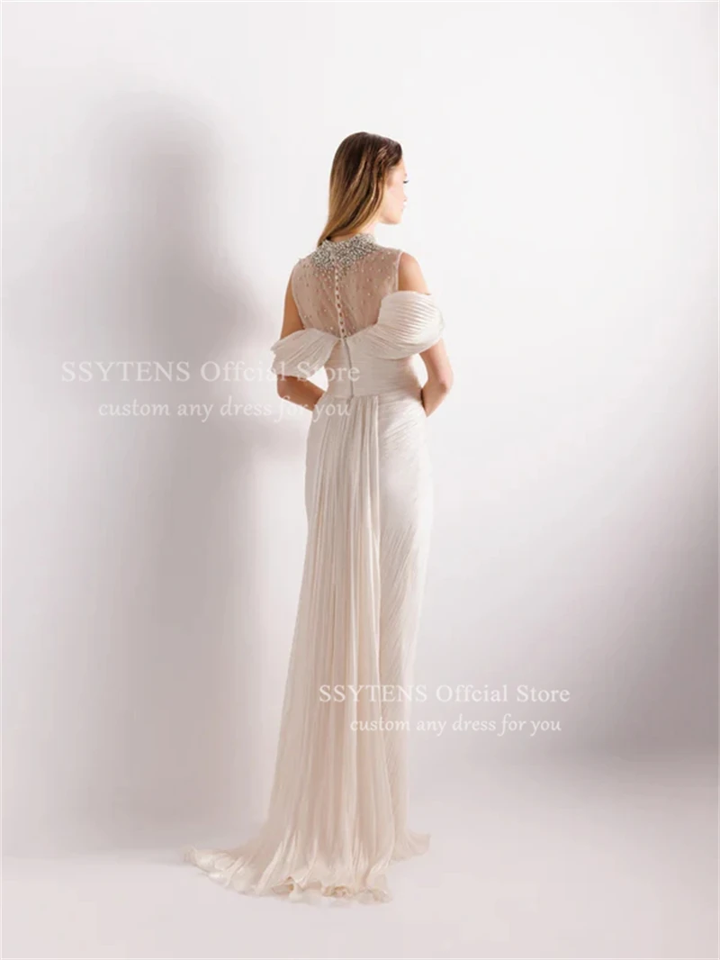 SSYTENS Mermaid Arab Shiny Satin Prom Dresses High Neck Pearls Evening Party Gown Dubai Split Dress robes de soirée Customized