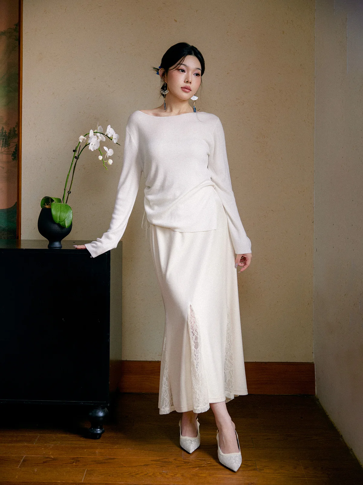 

Plusmall Весенний сезон, смешанная шерстяная основа, длинный вязаный топ с разрезом по бокам и завязками для женщин