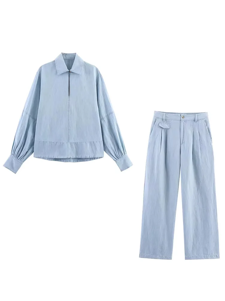 HH Camicie a maniche lunghe con colletto rovesciato moda donna estiva + tasche sottili con bottoni con cerniera Pantaloni dritti Set da 2 pezzi in denim