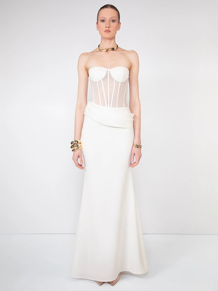 2025, zweiteiliges Set für Damen, weiße Röcke, sexy, trägerloses Crop-Korsett + plissierte Falten, schmale Röcke, Sets, Abendparty, Cocktail-Anzüge