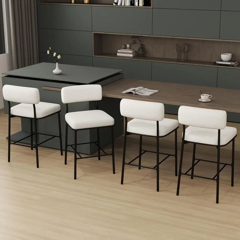 Juego de 4 taburetes de bar tapizados con altura de mostrador, tela beige, sillas de metal para isla de cocina o comedor del siglo moderno
