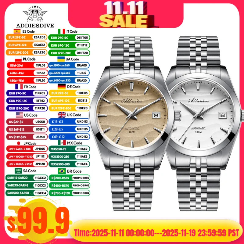 

ADDIESDIVE Dune Dial Automatic Mechanical Watches 316L Steel Sapphire Glass 100M Diver Date Men's Desert Dial Watch Reloj Hombre
