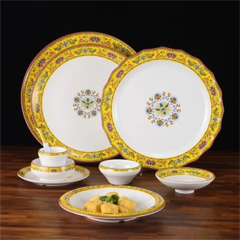 Melamine Plate and Flat Dinner Set, A5 Buffet Plate, Plastic Dining Utensils, Breakage-proof Tray, Soup Bowl and Spoon, A5