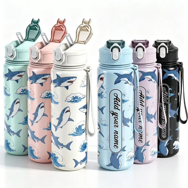 750ml Custom Name Shark Pattern Leakproof Sport Water Bottle for Outdoor Cycling Hiking School Birthday Graduation Bridesmaid Gi