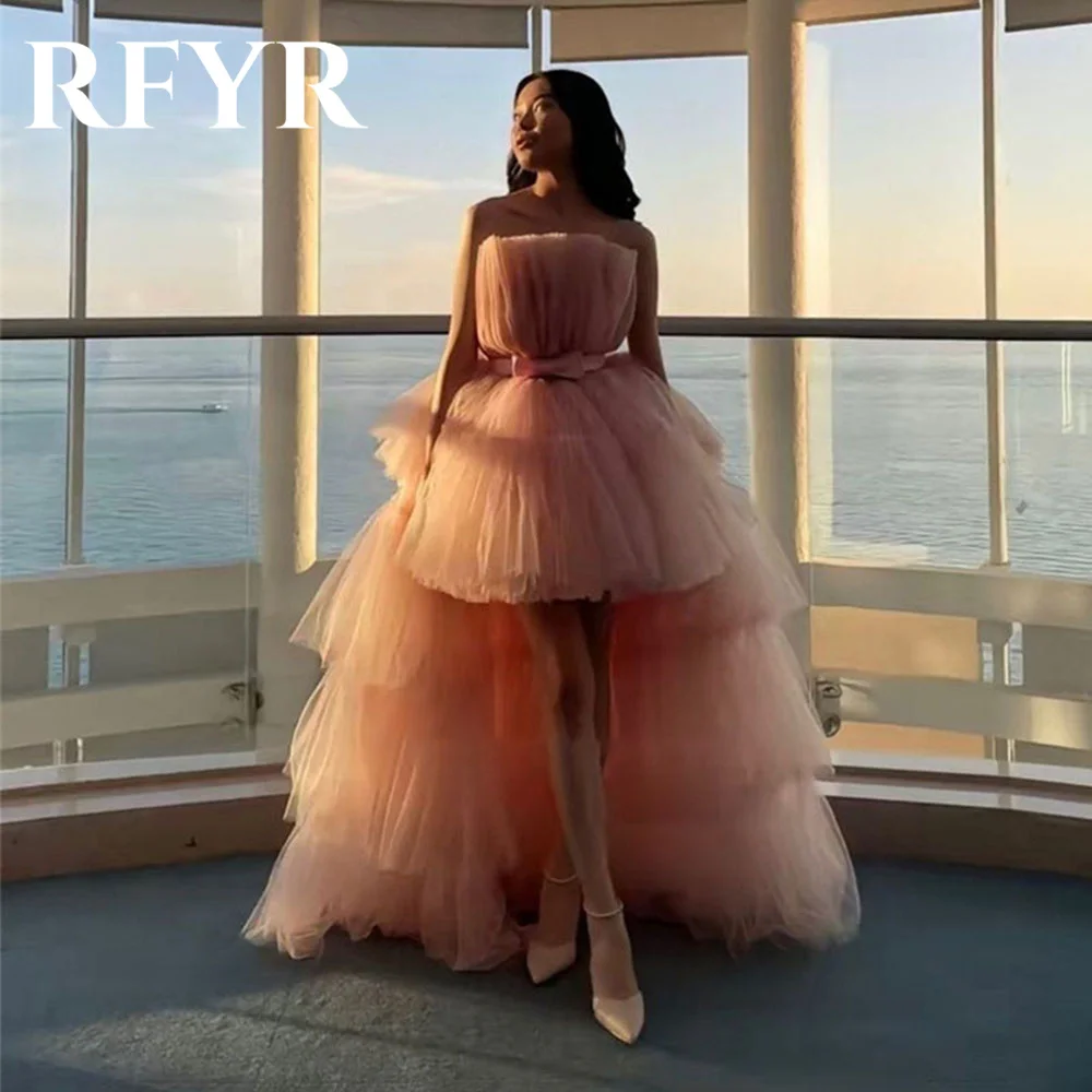 

RFYR Orange Strapless A Line Dress Tiered Lace Prom Dresses Long Net Long Sleeveless Evening Dresses Formal Dresses Customized