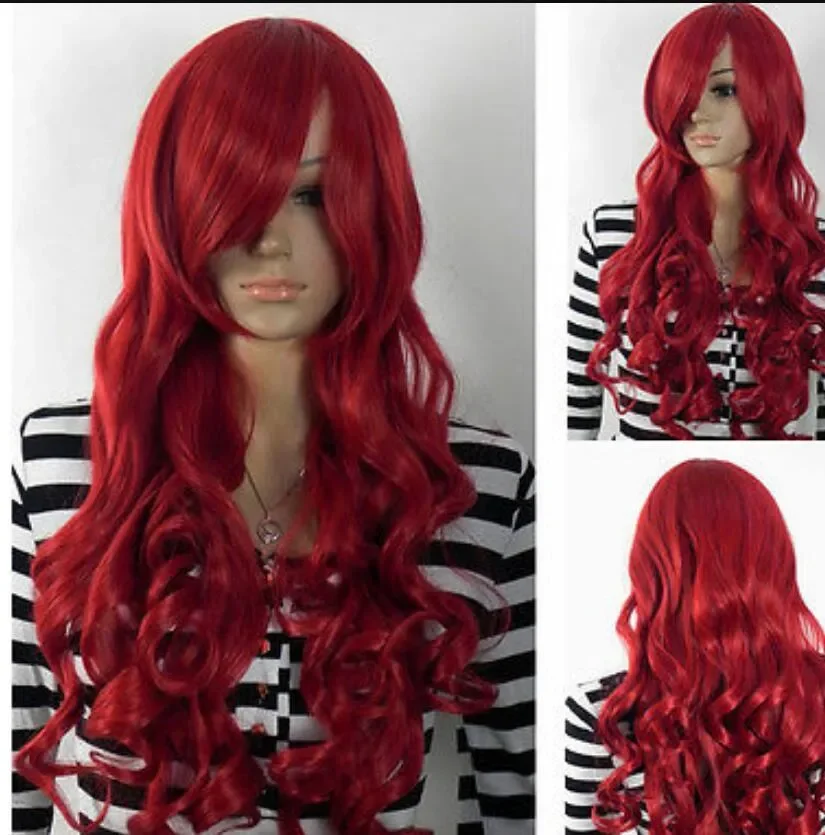 Peruca Longa Ondulada Lateral com Franja, Cabelo Vermelho Brilhante, Cosplay e Roupa Diária