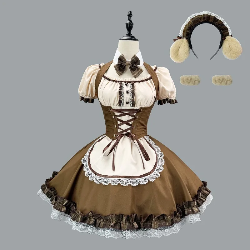 Conjunto de Vestido Lolita de Shiba Inu Marrón para Mujer, con Mangas Abullonadas y Cintura Ajustada, Tallas S-5XL, Atuendo Dulce de Cosplay para Fiesta de Té o Sesión de Fotos
