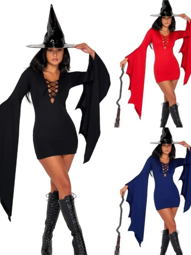 Abiti da festa neri di Halloween Abito corto sottile con maniche a pipistrello allungate a V profondo per donne adulte Purim Cos Party Wizards Fancy Dress