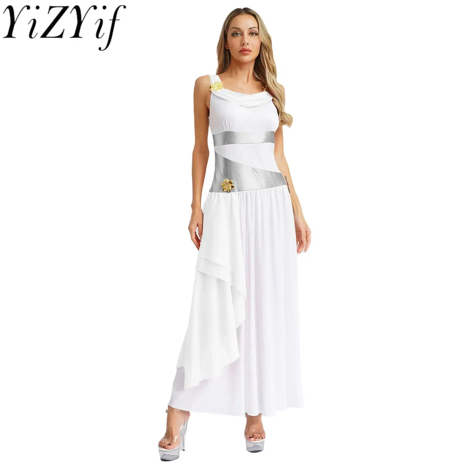 

Women Halloween Ancient Grecian Roman Greek Queen Princess Cosplay Dress Sleeveless Flower Chiffon Maxi Dress Festival Costume