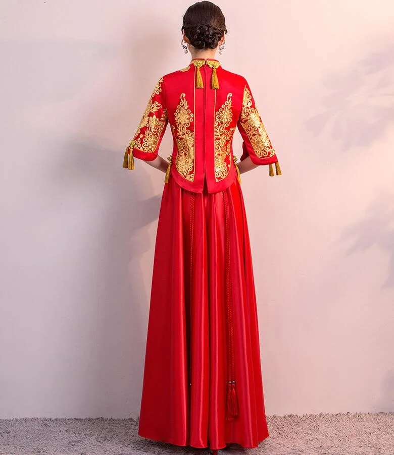 Vestido tradicional chino rojo para mujer, ropa de Boda nupcial, fiesta femenina larga nacional