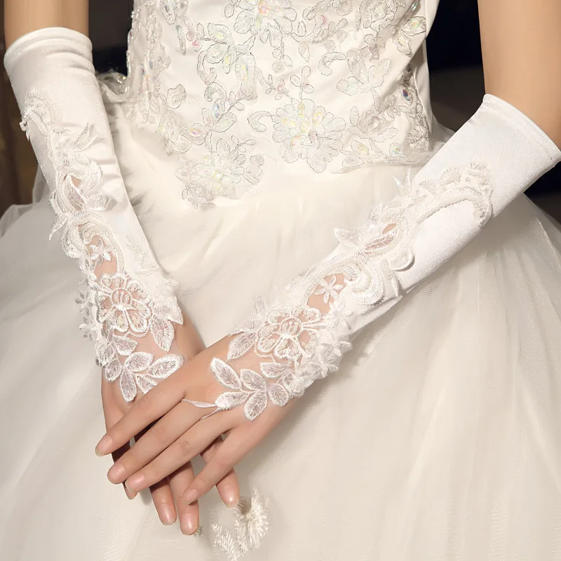 

Long Sleeve Fingerless Lace Wedding Gloves - White Bridal Embroidered Lace Mitts for Wedding Attire Accessories