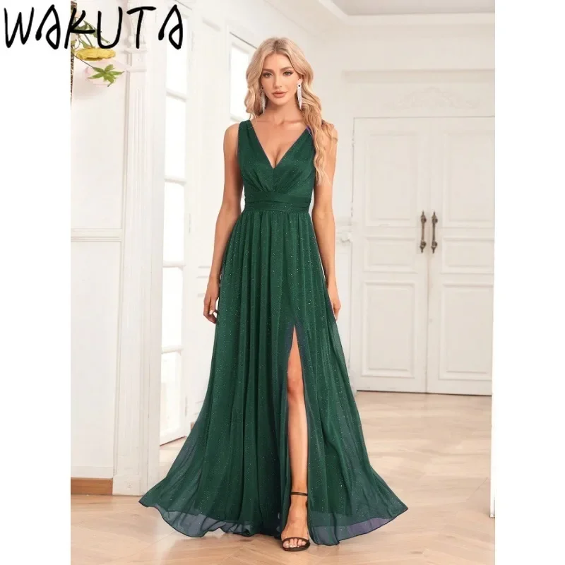 Wakuta-Robe de demoiselle d'honneur, col en V, fendue sur les cuisses, paillettes, longue tenue de soirée, pour Rhde promo