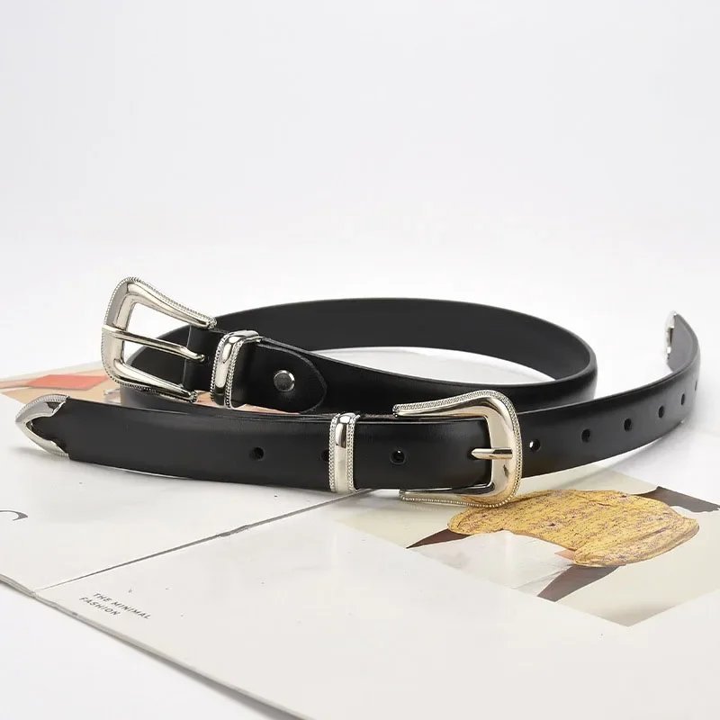 Fashion Trend Women\'s Cowhide Belt Simple Versatile Coat Accessories Girdle Retro Goth Luxury Design Double Pin Buckle Waistband