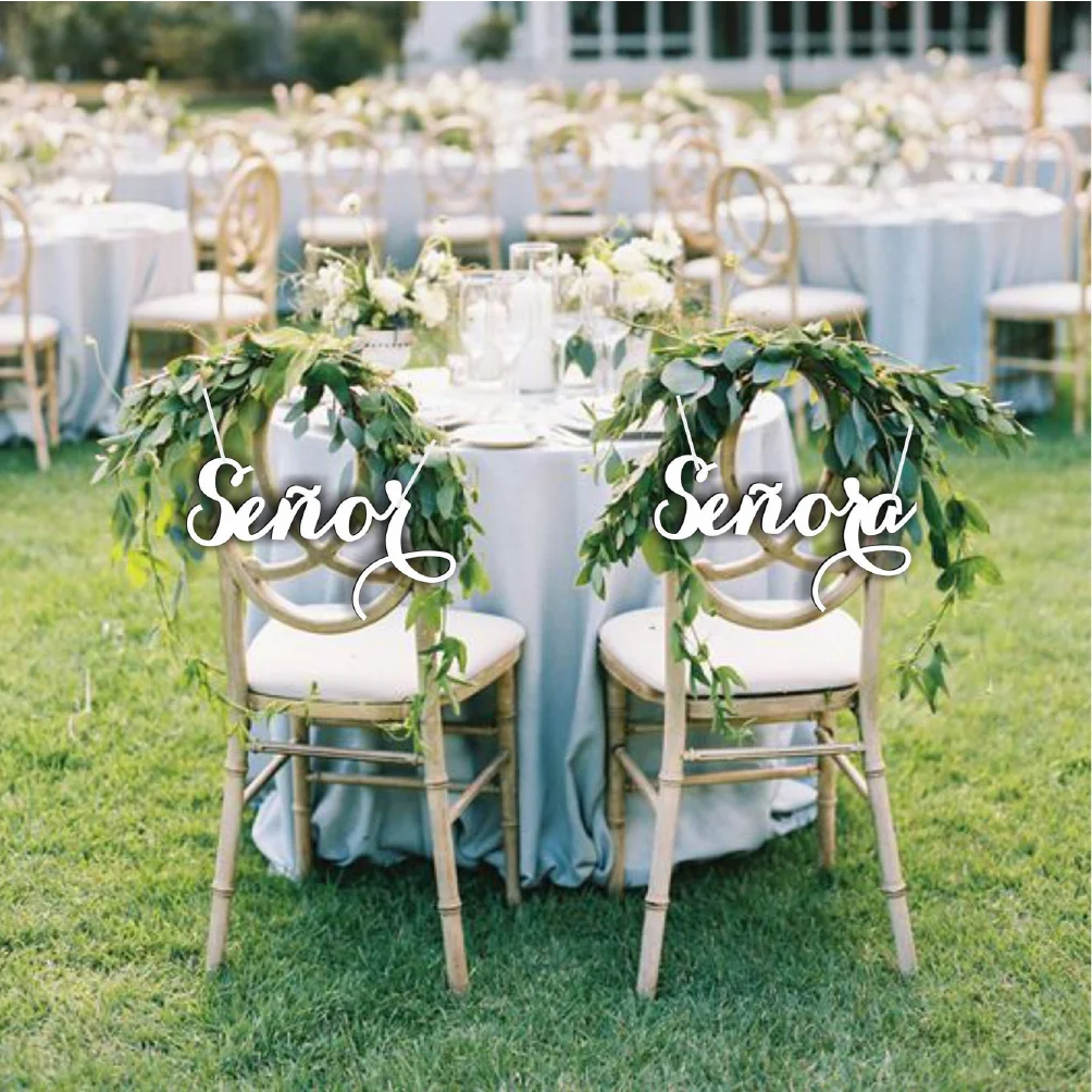 

Señor & Señora Wedding Chair Signs - White Wooden 15.24cm Height Spanish Decor, 0.4cm Thick with Hanging Chains