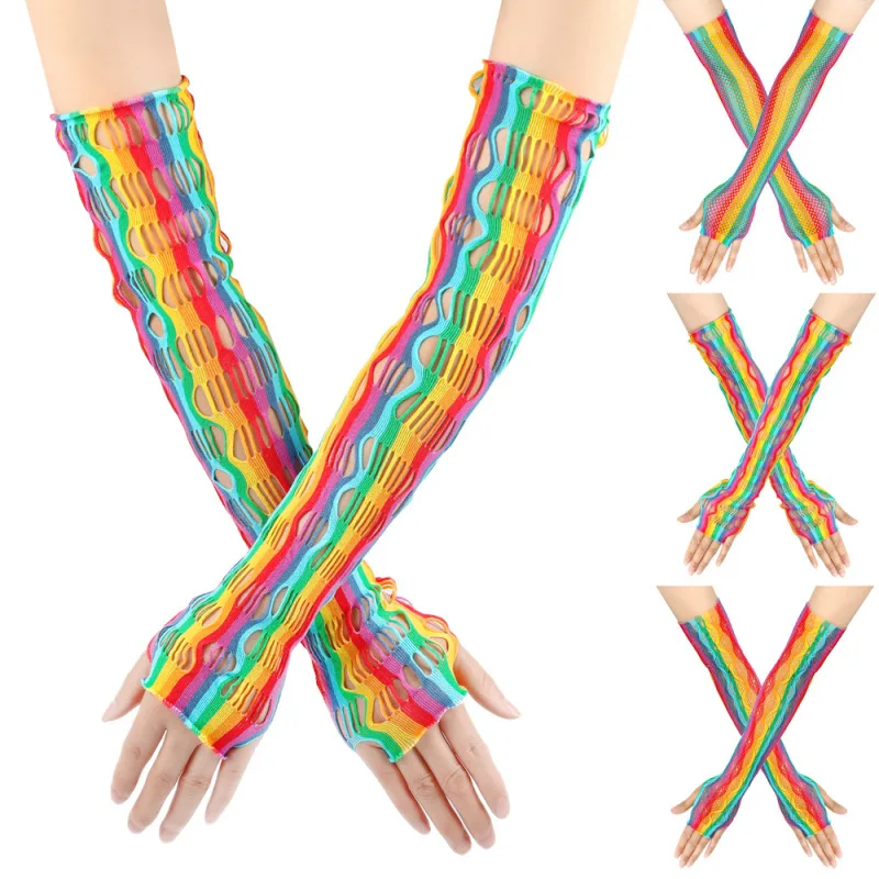 Women Long Fishing Net Sexy Rainbow Fingerless Gloves Elasticity Fashion Personality Cosplay Halloween Stage Performance