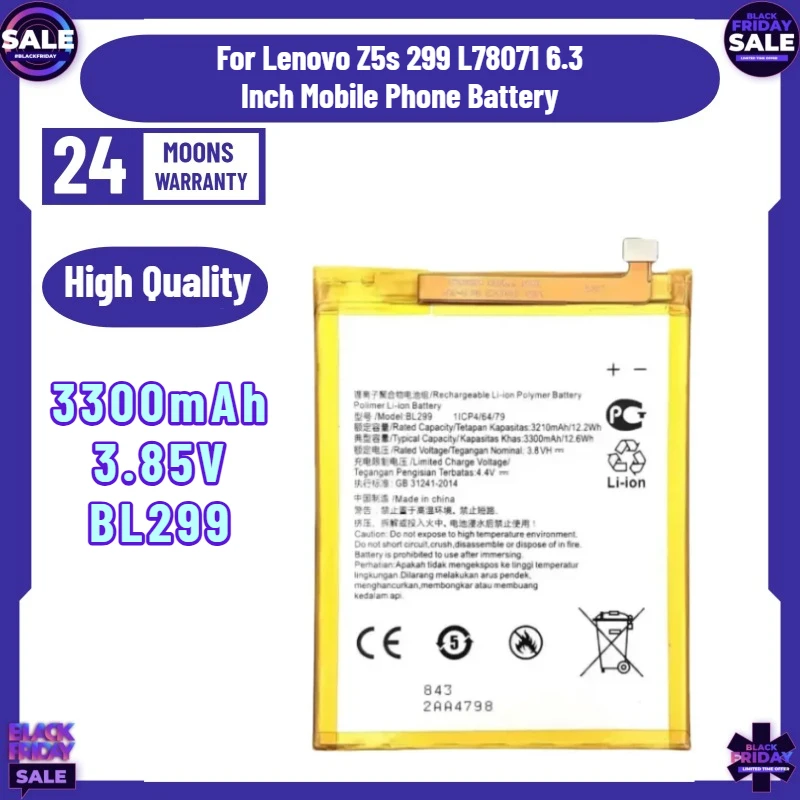 3300mAh 3.85V  Battery BL299 Battery for Lenovo Z5s 299 L78071 6.3 Inch Mobile Phone Battery
