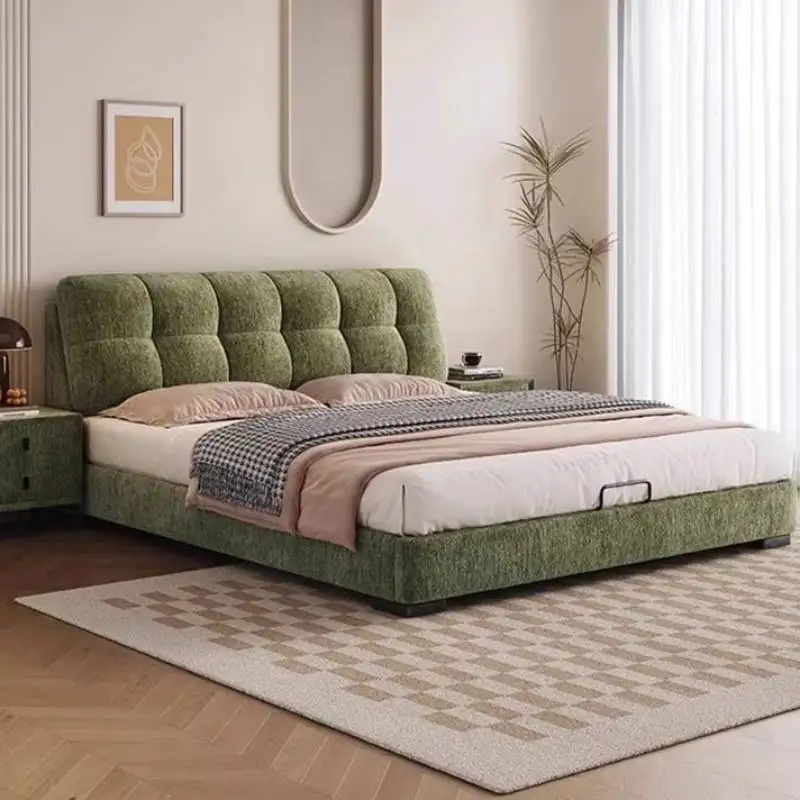 

Green Luxury Double Bed Storage Bedroom Modern High Wooden Frame Double Bed Bases King Size Meuble De Chambre Furniture