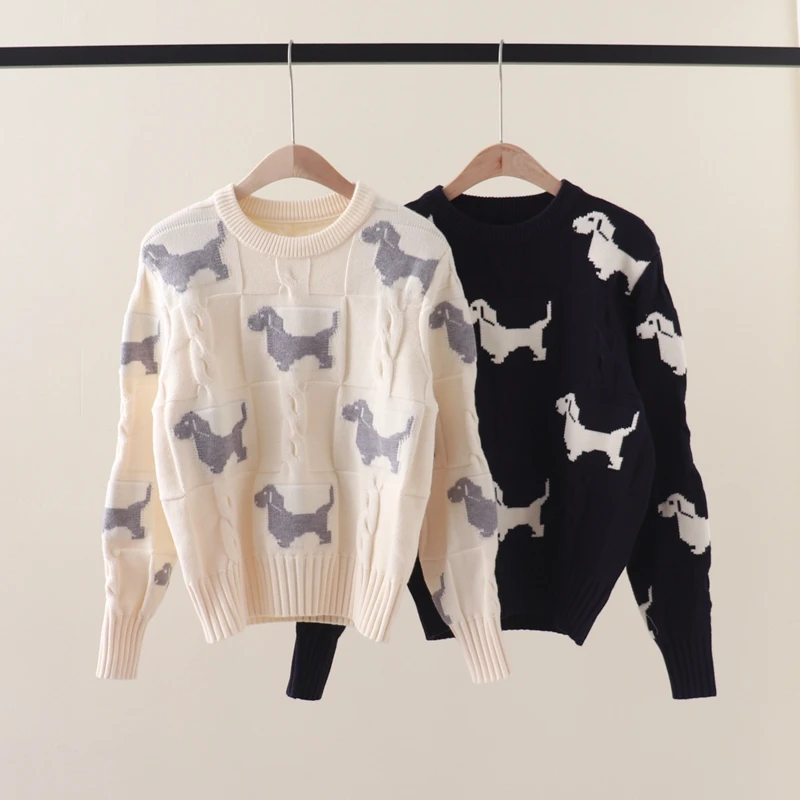 Autumn and Winter New Thick Full Body Dog Twisted Jacquard Round Neck Pullover Long Sleeve Knitted Sweater, Versatile and Slim