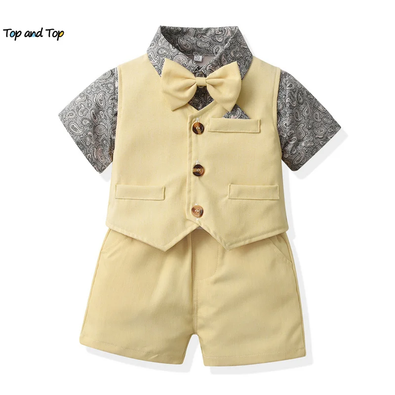 

top and top 2023 Summer Baby Boys Gentleman Clothing Sets Short Sleeve Bowtie Print Shirts+Vest+Overalls Shorts Formal Suits