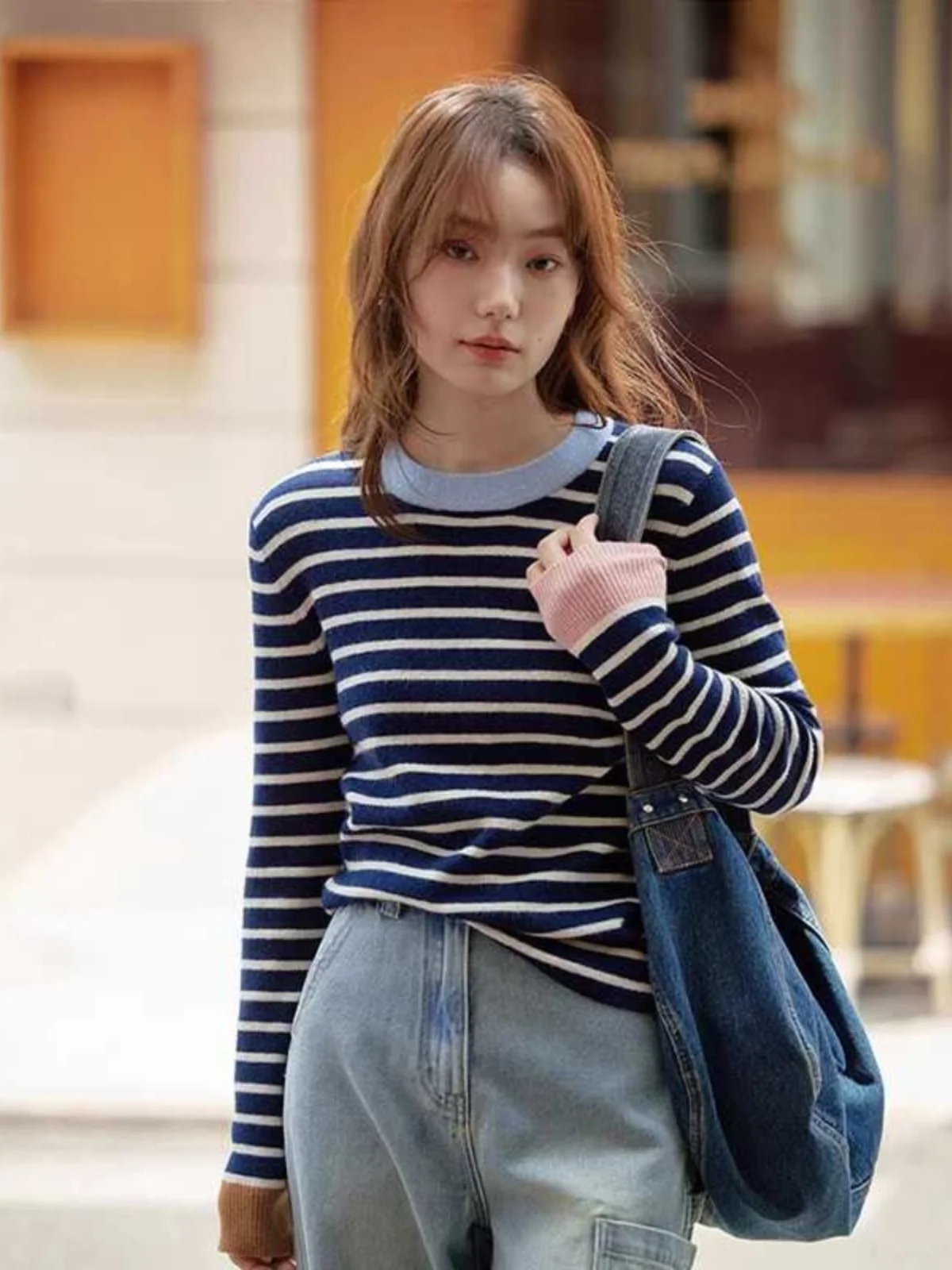 

Korean Sle Slim Fit Striped Knitwear Women's Base Layer irt Color Blo Casual Faion Autumn Winter Slimming Versatile