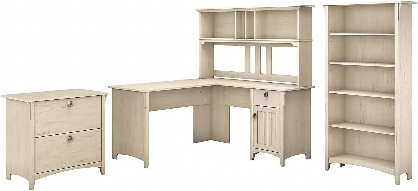 60W L Shaped Desk with Hutch, Lateral File Cabinet and 5 Shelf Bookcase in Antique White