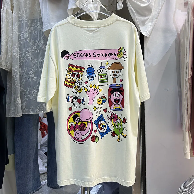 

Cartoon Printed Mid-long Female Tshirts 2023 New Summer Short Sleeve Wowmen Pullover Top O-neck Loose Age Reduction Casual Tees