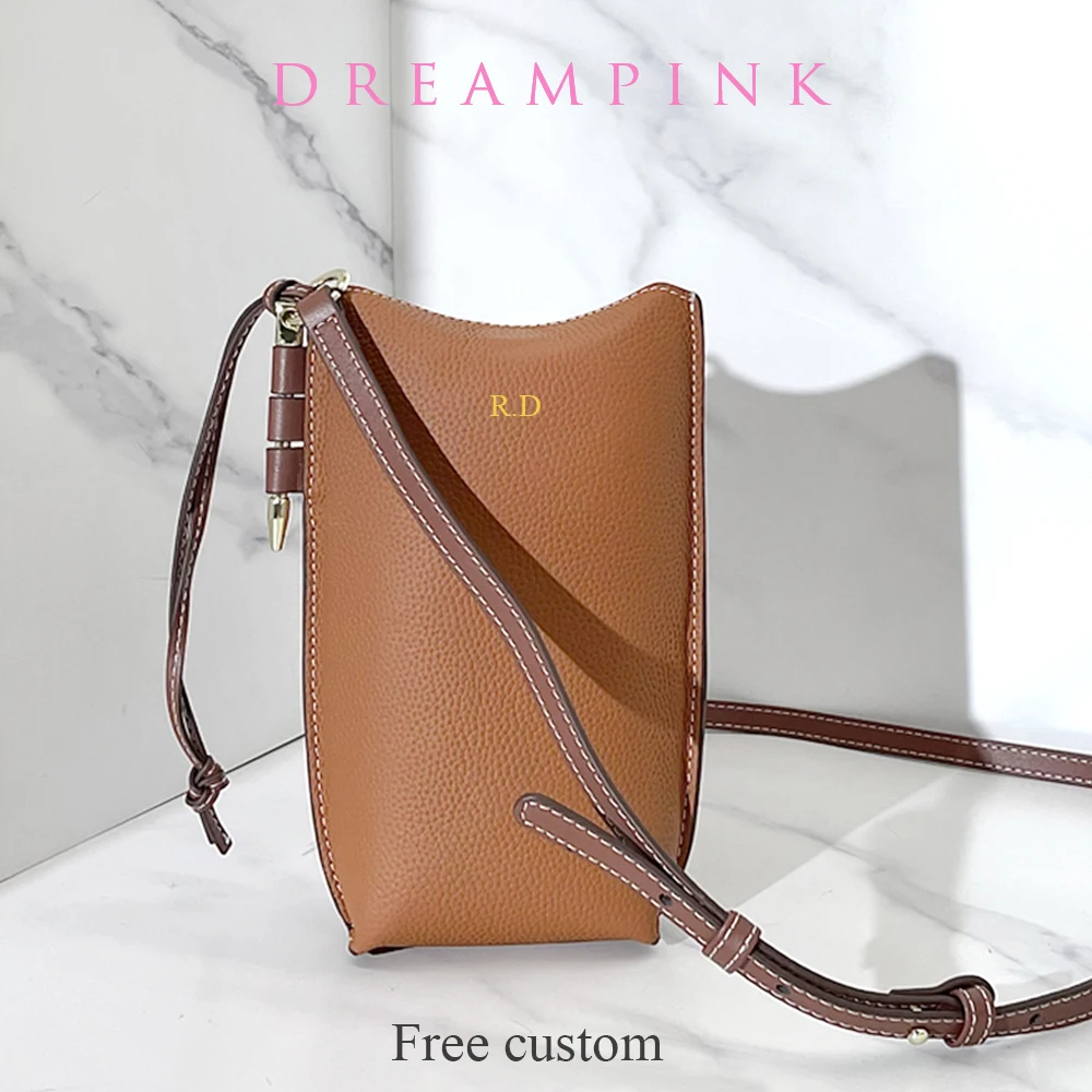 Personalize Letters Women Mobile Phone Bag Genuine Leather Small Bucket Shoulder Purse Custom Initial Magnetic Female Handbag