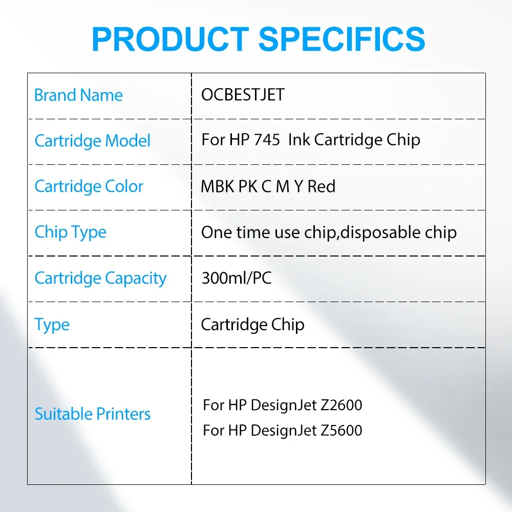 300ml 745 745XL Ink Cartridge Chip HP745 XL Chip For HP DesignJet Z2600 Z5600 Printer New Upgrade 6 Colors One Time Chip