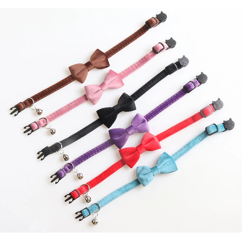 Adjustable Velvet Solid Colour Cat Collar Bowknot Puppy Kitten Collars with Bell Cats Bow Tie Safety Buckle Cat Accessories