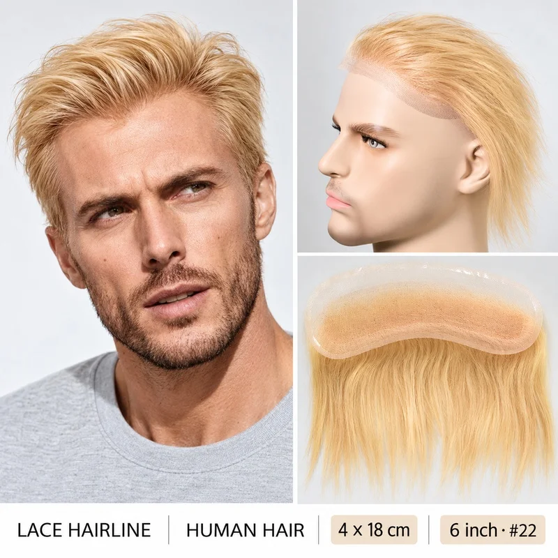 Natural Hairline Transparent Lace Human Hair Frontal Hairpiece Men 4x18cm 6 Inches #22 Blonde Hairline Replacement Patch