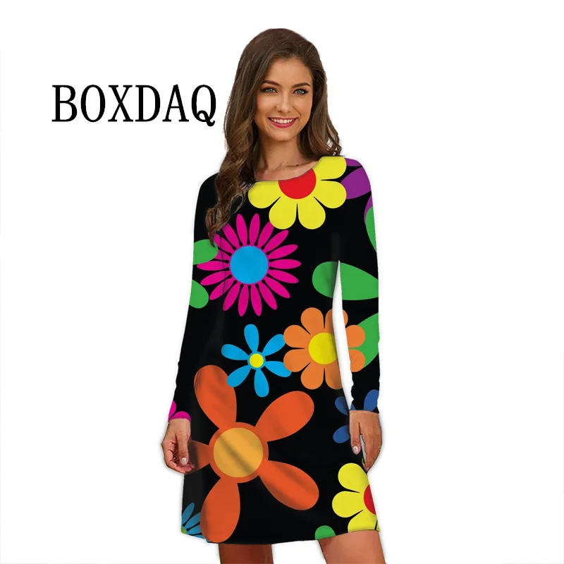 Kwiat moc kobiety sukienka Retro Hippie 60s elegancka, długa rękaw luźna sukienka moda codzienna ponadgabarytowa jesień kobieta drukuj Mini sukienka