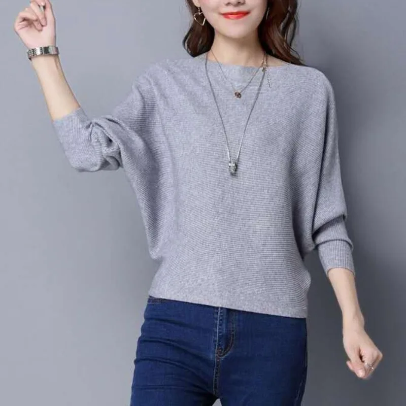 Women\'s Solid Color Pullover One Line Neck Sweater 2023 Autumn and Winter Korean Bat Sleeve Knitted Fashion Office Lady Tops