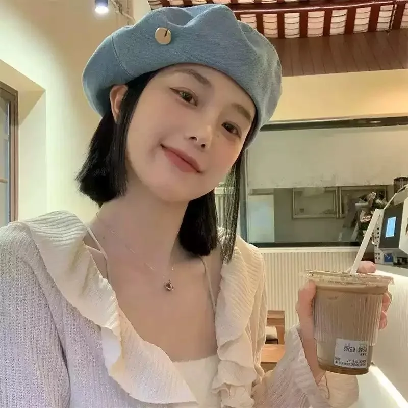 Washed Denim Beret for Women Heart Pin Painter Hat Photo Shooting Y2k Aesthetic Octagonal Beret Vintage Retro Casual Outing
