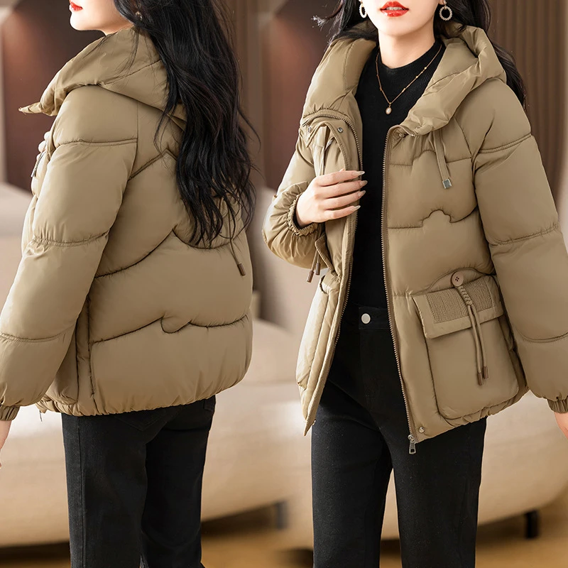 

Thick Warm Cotton Padded Coats Fashion New Loose Short Winter Jackets Chic Design Pockets Long Sleeve Hooded Casual Outwear Tops