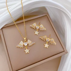 High Quality Zircon Heart Star Angel Jewelry Set Stainless Steel Wing Pendant Necklace Earrings Party Gifts For Women Girls