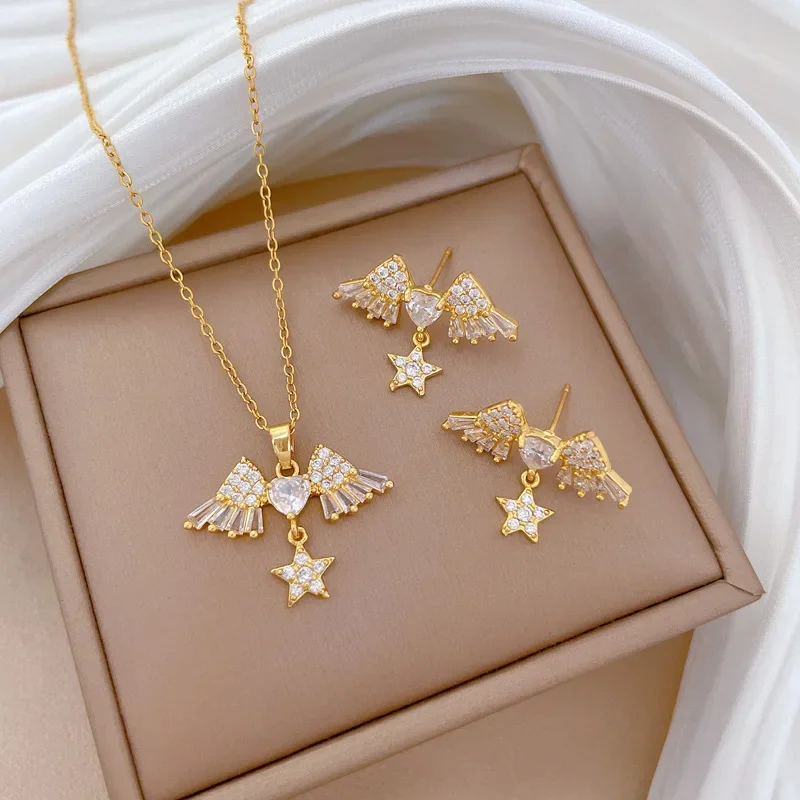 High Quality Zircon Heart Star Angel Jewelry Set Stainless Steel Wing Pendant Necklace Earrings Party Gifts For Women Girls