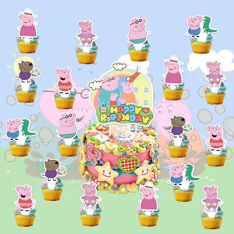 25 stks Peppa Pig Taart Decoratie Cartoon Pagina George Cupcake Top Gelukkige Verjaardag voor Kinderen Verjaardagsfeestje Taart Dessert Decoraties