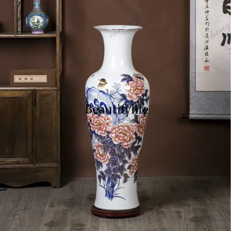 B567 luxury hand-painted gilded ceramic floor-standing large vase, living room, hotel, villa decoration, Chinese-style ornament