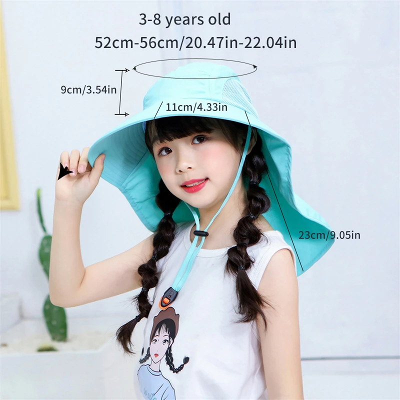 Summer Boys Girls Sun Bucket Hat with Shawl Mesh UV Protection Kids Fisherman Hat with Windproof Rope