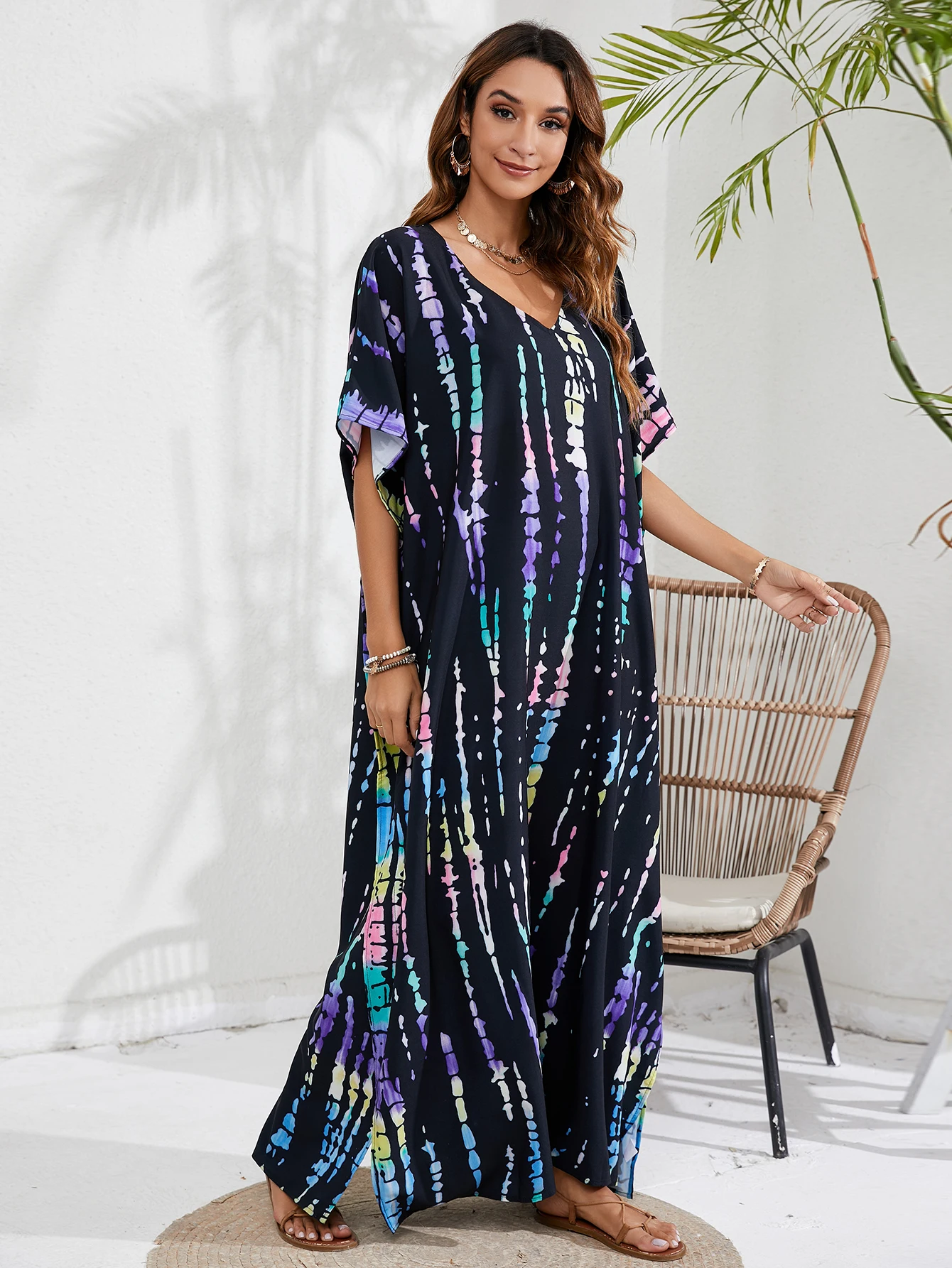 Damska sukienka z dekoltem w stylu Boho Plus Size Tie Dye z rękaw w kształcie skrzydła nietoperza dekoltem w szpic