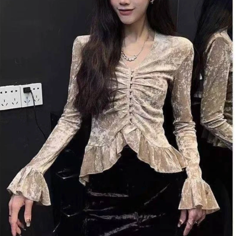 

Spring Fall Women Ruffles Plated Flare Sleeve Beige Black Coffee Velvet Top T Shirt , Woman Autumn Velour Tops Shirts