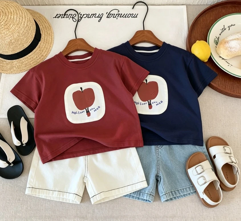 Toddler Apple Print Short Sleeve T Shirts Kids Summer Casual Tops Cute Graphic For Boys Girls Clothing Baby Costume Kid Wear Tee