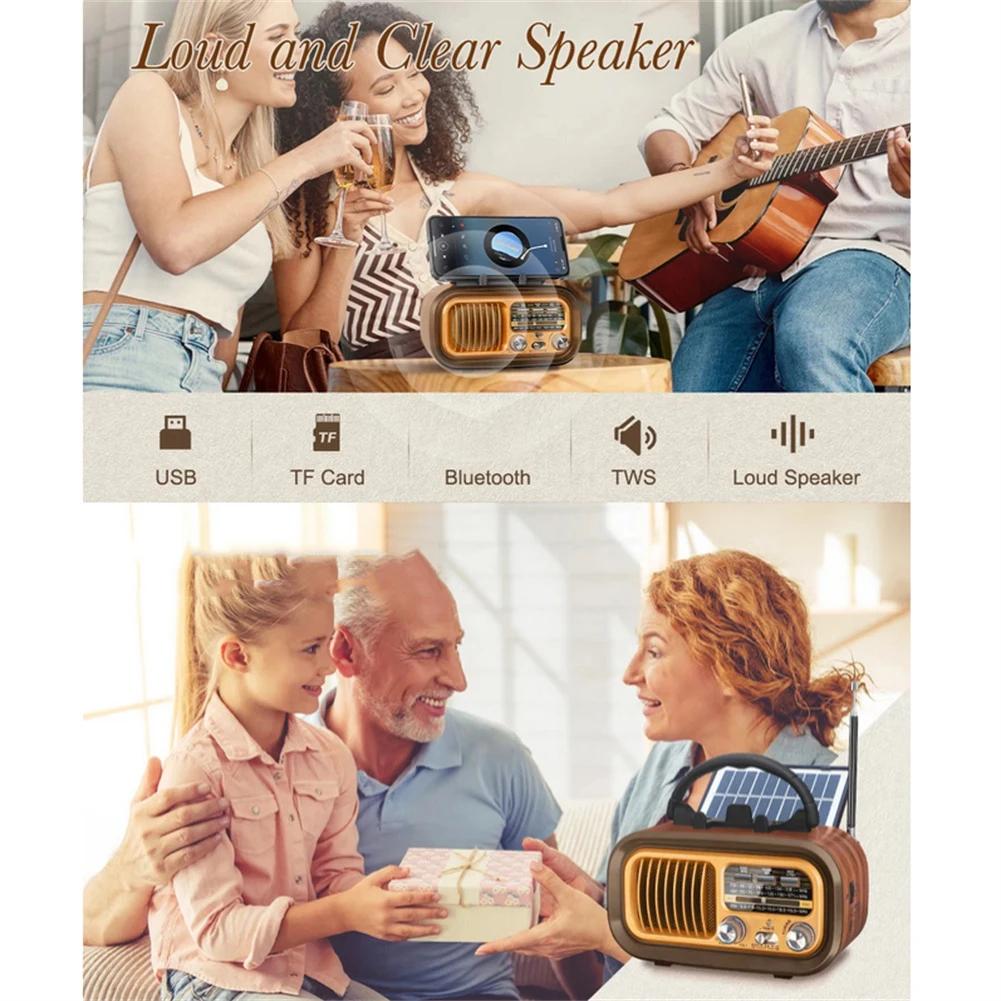 Painéis solares portáteis FM estéreo, rádio de alto-falante compatível com Bluetooth, USB recarregável, vintage 3 banda grande afinação botão rádio